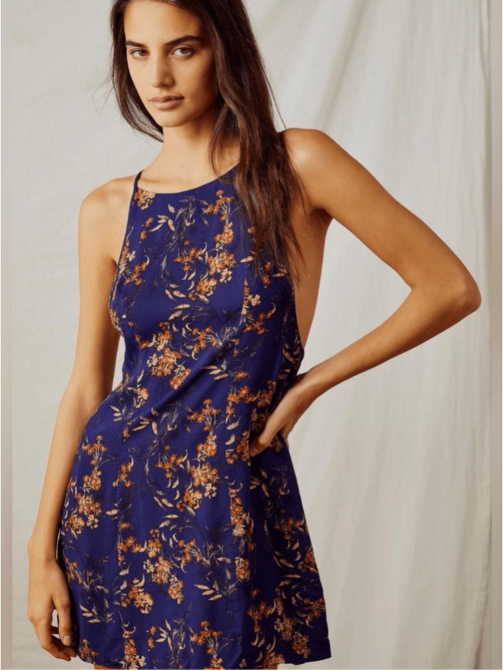 Free People Intimately Navy Floral Open Back Tie Strap Mini Dress
